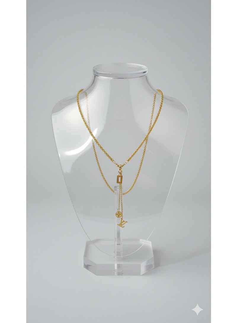 WARD Elegant Gold-Tone Stainless Steel Y-Shaped Chain for Women with Classic Logo Charms. - Image 2